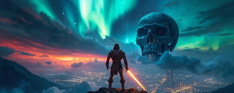 He-Man mit leuchtendem Schwert steht auf einem Felsen über einer futuristischen Stadt, am Himmel flammen Nordlichter und ein riesiger schwebender Totenschädel auf, der bedrohlich aus den Wolken ragt.
