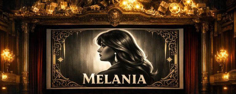Großer, prunkvoller Kinosaal mit roten Sitzreihen; auf der Leinwand ist ein stilisiertes schwarz-goldenes Profilporträt einer elegant gekleideten Frau mit der Aufschrift „MELANIA“ zu sehen, über der Leinwand windet sich ein goldener Drache über einem Hort aus Kisten und Filmrollen.