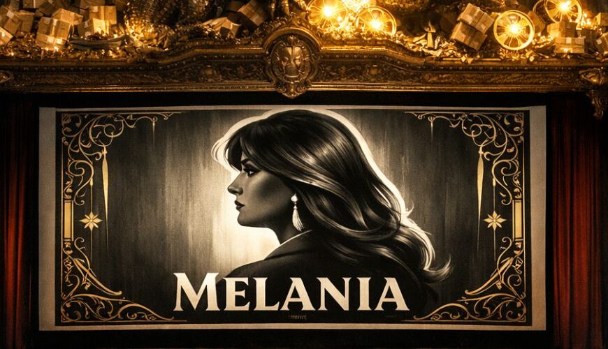 Großer, prunkvoller Kinosaal mit roten Sitzreihen; auf der Leinwand ist ein stilisiertes schwarz-goldenes Profilporträt einer elegant gekleideten Frau mit der Aufschrift „MELANIA“ zu sehen, über der Leinwand windet sich ein goldener Drache über einem Hort aus Kisten und Filmrollen.