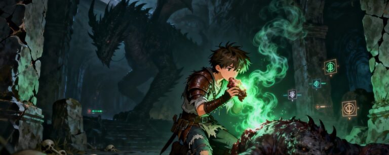 Ein junger Abenteurer kniet in einem zerfallenen Dungeon neben einem erlegten Monster und beißt in ein Stück Fleisch, aus dem giftgrün leuchtende Energie aufsteigt, während im Hintergrund ein Drache aus der Dunkelheit und schwebende Statussymbole lauern.