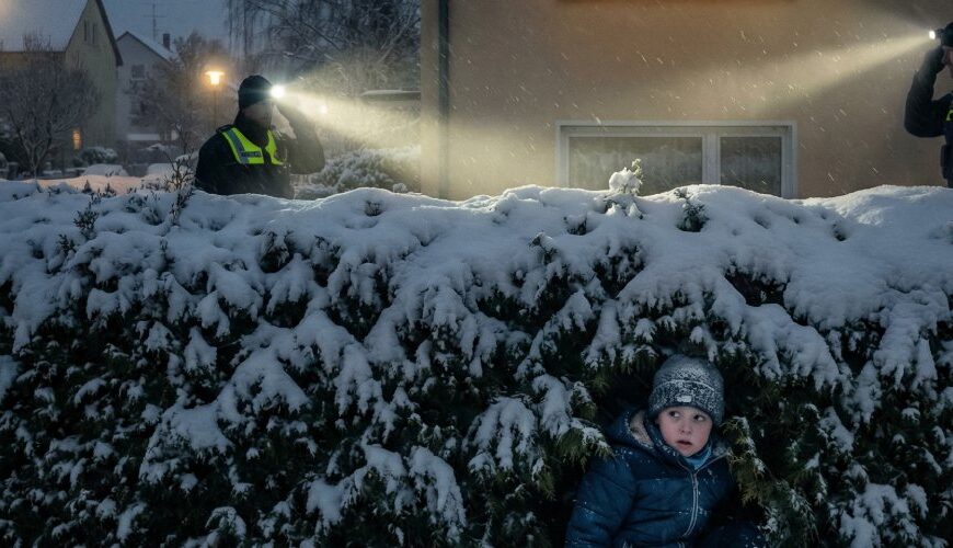 Bei Nacht durchsuchen zwei Polizisten mit Taschenlampen eine schneebedeckte Thuja-Hecke vor einem Wohnhaus, während ein Kind in Winterkleidung verborgen vor der Hecke im Schnee kauert