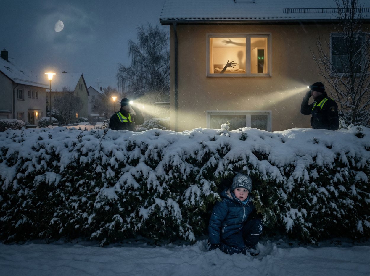 Bei Nacht durchsuchen zwei Polizisten mit Taschenlampen eine schneebedeckte Thuja-Hecke vor einem Wohnhaus, während ein Kind in Winterkleidung verborgen vor der Hecke im Schnee kauert; im Fenster des Hauses sind schemenhafte Monsterarme als Schatten im Kinderzimmer zu sehen..