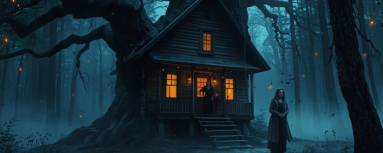 Nacht im nebligen Wald: Eine junge Frau im Mantel steht zögernd vor einer einsamen Holz-Hütte, deren Fenster warm leuchten, während eine schwarz gekleidete Heilerin in der Tür wartet; um sie herum schwirren dunkle Insekten im blauen Dämmerlicht.
