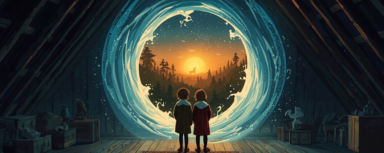 Zwei Kinder stehen in einem alten Dachboden vor einem leuchtenden Portal, das den Blick in einen Wald bei Sonnenaufgang mit Löwensilhouette in der Ferne freigibt – Symbolbild für Greta Gerwigs Narnia: The Magician’s Nephew