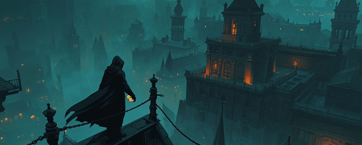 Vermummte Gestalt steht nachts auf einem Hausdach über einer nebligen Fantasy-Stadt, der Umhang weht im Wind, in der Hand glühen zwei Münzen im warmen Licht.