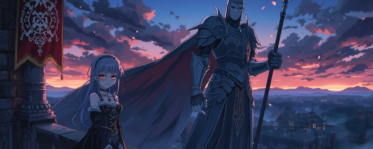 Anime-Szene bei Sonnenuntergang: eine blasse Adlige mit roten Augen und schwarzem, prunkvollem Kleid steht auf einem Burghof-Balkon, hinter ihr erhebt sich ein riesiger gepanzerter Ritter mit Speer und wehender roten Umhang, im Hintergrund leuchtet eine weitläufige Stadt im Abenddunst.