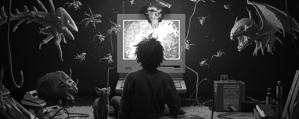 Ein junger Mann sitzt 1980er-Jahre-mäßig vor einem alten Computerbildschirm, aus dem grelle Pixel strahlen, während um ihn herum surreale Monster- und Dämonengestalten aus der Dunkelheit auftauchen; neben ihm sitzt ein Hund zwischen verstreuten Retro-Konsolen und Kabeln.