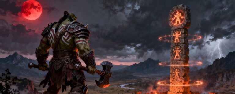 Ein gewaltiger orkischer Krieger mit Kriegsbemalung und Hammer steht auf einem Felsgrat über einem brennenden Menschenfort, während hinter ihm ein leuchtender Totempfahl in den Sturmhimmel ragt – Symbolbild für das Action-RPG Orken.