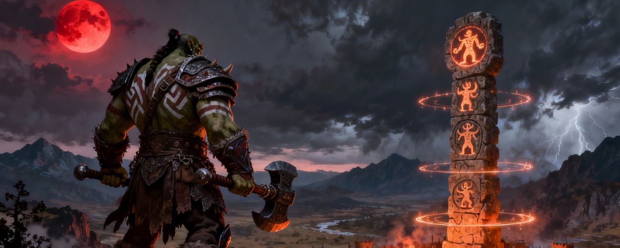 Ein gewaltiger orkischer Krieger mit Kriegsbemalung und Hammer steht auf einem Felsgrat über einem brennenden Menschenfort, während hinter ihm ein leuchtender Totempfahl in den Sturmhimmel ragt – Symbolbild für das Action-RPG Orken.