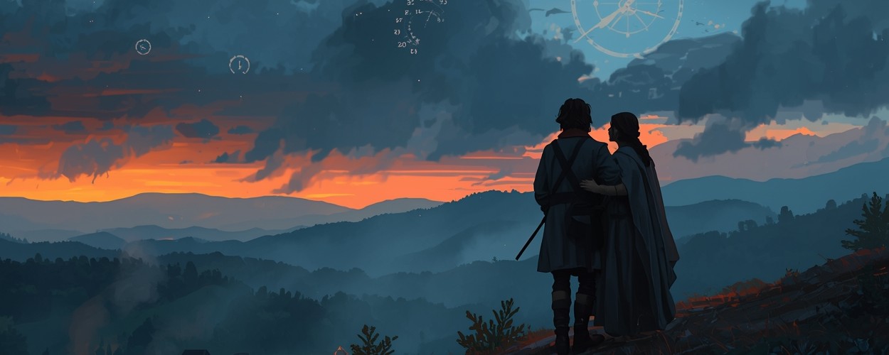 Historische Fantasy-Szene bei Sonnenuntergang: Ein Paar in 18.-Jahrhundert-Kleidung steht eng umschlungen auf einem Hügel und blickt über nebelige, blaugraue Bergketten und ein Tal mit brennendem Lagerfeuer, am Himmel schimmern abstrakte, uhrähnliche Zeit-Symbole in den Wolken.