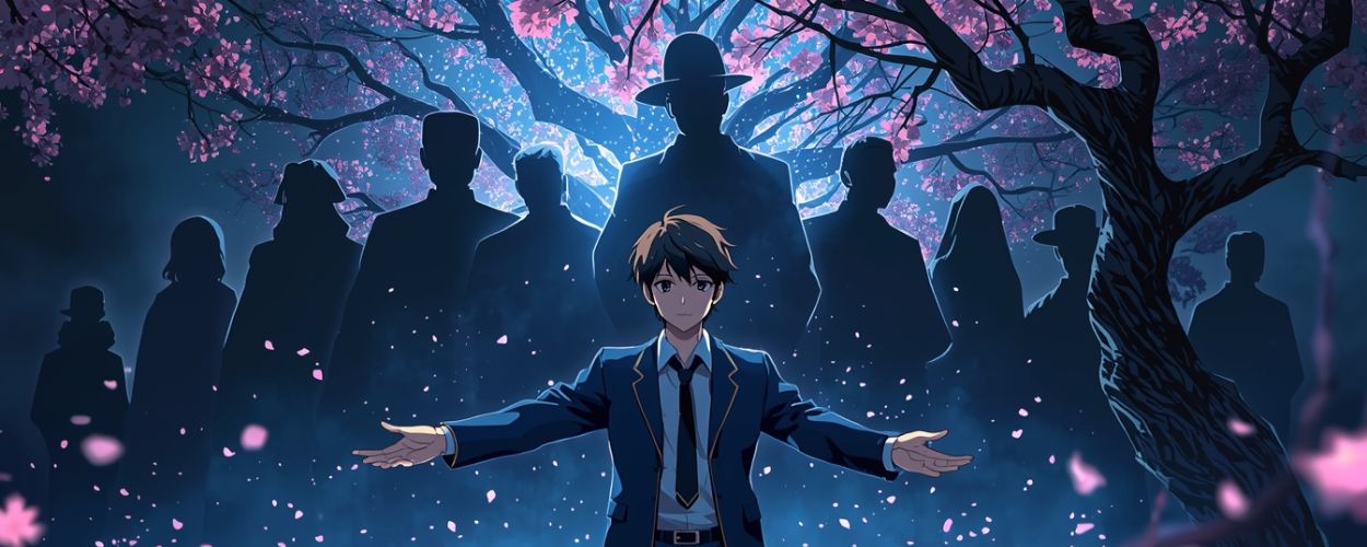 Anime-Schüler im blauen Schulanzug steht mit ausgebreiteten Armen unter einem Kirschblütenbaum, im blauen Nebel hinter ihm die schattenhaften Silhouetten mehrerer historischer Gestalten.