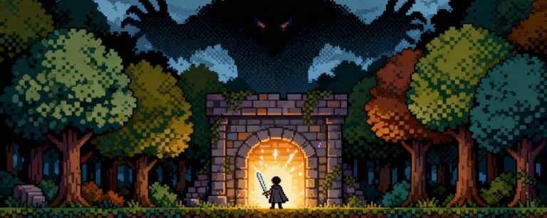 Pixel-Art-Held mit Schwert vor einem leuchtenden Dungeonportal in einem Wald, über den Bäumen erhebt sich der Schatten eines riesigen Dämonen.