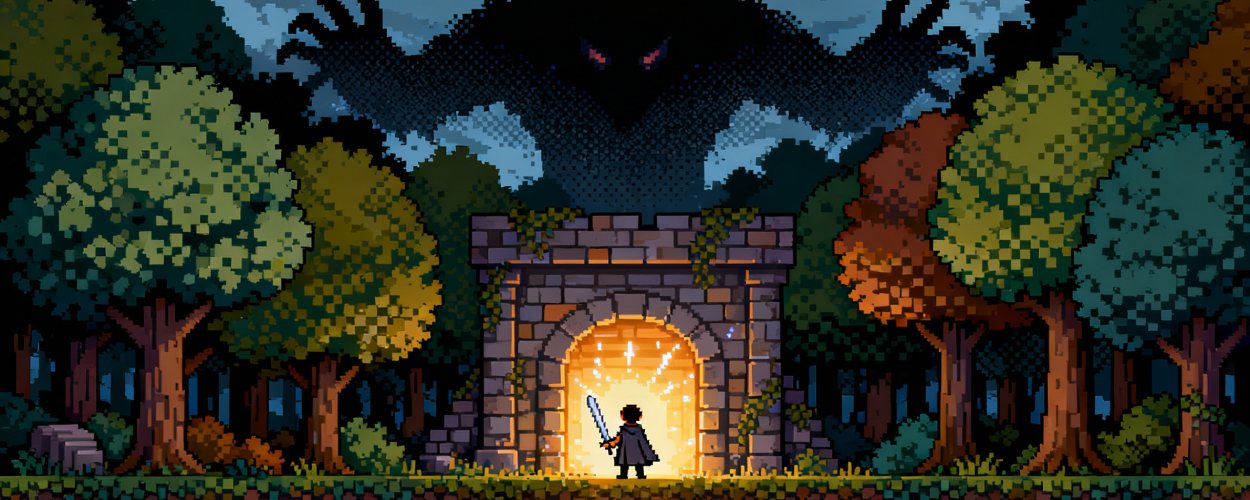 Pixel-Art-Held mit Schwert vor einem leuchtenden Dungeonportal in einem Wald, über den Bäumen erhebt sich der Schatten eines riesigen Dämonen.