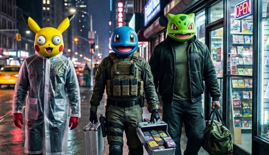 Drei maskierte Figuren mit bunten Cartoon-Tierköpfen laufen nachts über eine nasse Straße in New York vor einem hell erleuchteten Sammelkartenladen, einer trägt einen geöffneten Aktenkoffer voller Sammelkarten.