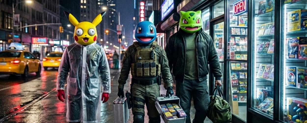 Drei maskierte Figuren mit bunten Cartoon-Tierköpfen laufen nachts über eine nasse Straße in New York vor einem hell erleuchteten Sammelkartenladen, einer trägt einen geöffneten Aktenkoffer voller Sammelkarten.