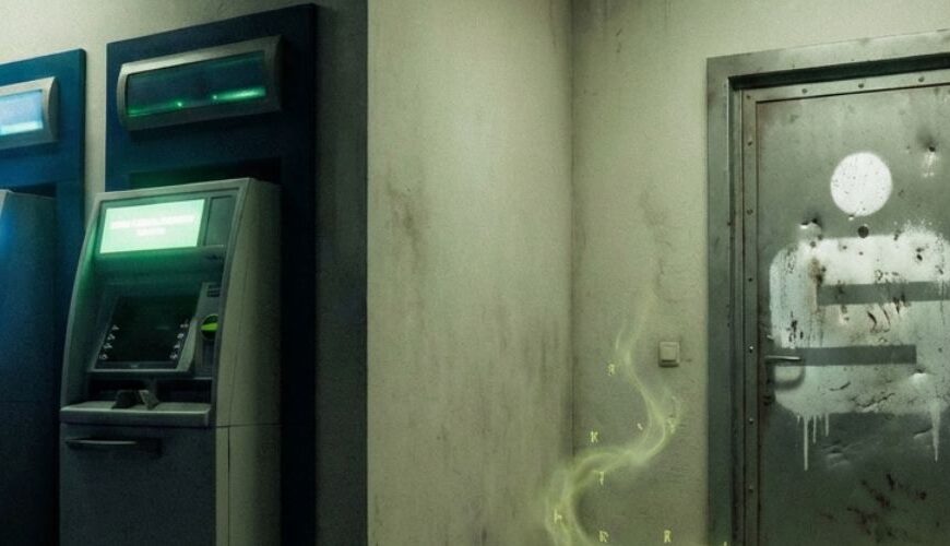 Schmutziger SB-Bereich einer Bank mit mehreren Geldautomaten; rechts eine graue Stahltür mit verblasstem Sparkassen-Symbol, davor rot-weißes Absperrband und Spurennummern, aus der Bodenfuge steigt grünlich leuchtender, runenartiger Nebel auf.“