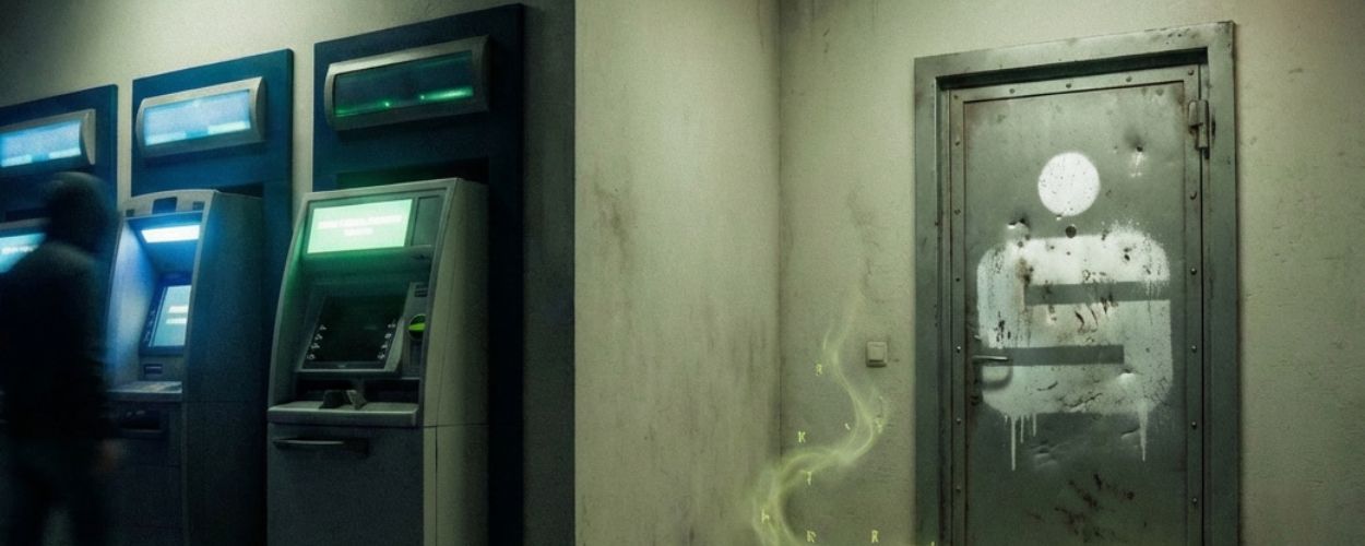 Schmutziger SB-Bereich einer Bank mit mehreren Geldautomaten; rechts eine graue Stahltür mit verblasstem Sparkassen-Symbol, davor rot-weißes Absperrband und Spurennummern, aus der Bodenfuge steigt grünlich leuchtender, runenartiger Nebel auf.“