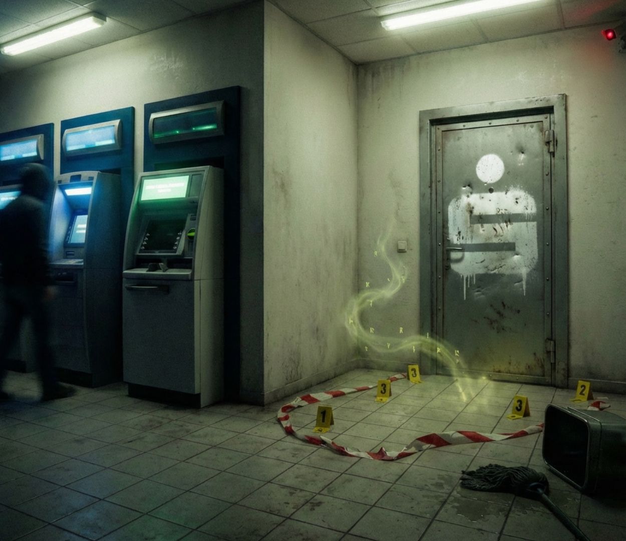 Schmutziger SB-Bereich einer Bank mit mehreren Geldautomaten; rechts eine graue Stahltür mit verblasstem Sparkassen-Symbol, davor rot-weißes Absperrband und Spurennummern, aus der Bodenfuge steigt grünlich leuchtender, runenartiger Nebel auf.