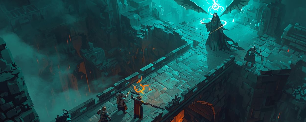 Abenteurertruppe stellt sich auf einer schmalen Steinbrücke einer geflügelten Zauberin – dramatische Endkampf-Szene im Stil von Solasta 2.