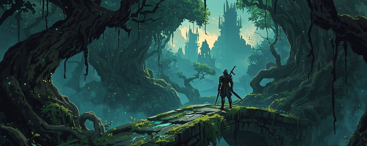 Ein gepanzerter Krieger mit Stab steht auf einer moosbedeckten Brücke in einem verwunschenen Waldtempel mit leuchtenden Runen – Symbolbild für das Fantasy-RPG Soulframe
