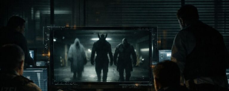 Mehrere Ermittler sitzen in einem abgedunkelten Polizeibüro vor Monitoren, auf dem zentralen Bildschirm ist eine körnige Überwachungsaufnahme aus einem Parkhaus zu sehen, auf der drei nichtmenschliche Gestalten – ein Geist, ein Minotaurus und ein Ork – direkt auf die Kamera zulaufen, am Bildschirmrand flimmern feine runenartige Zeichen.