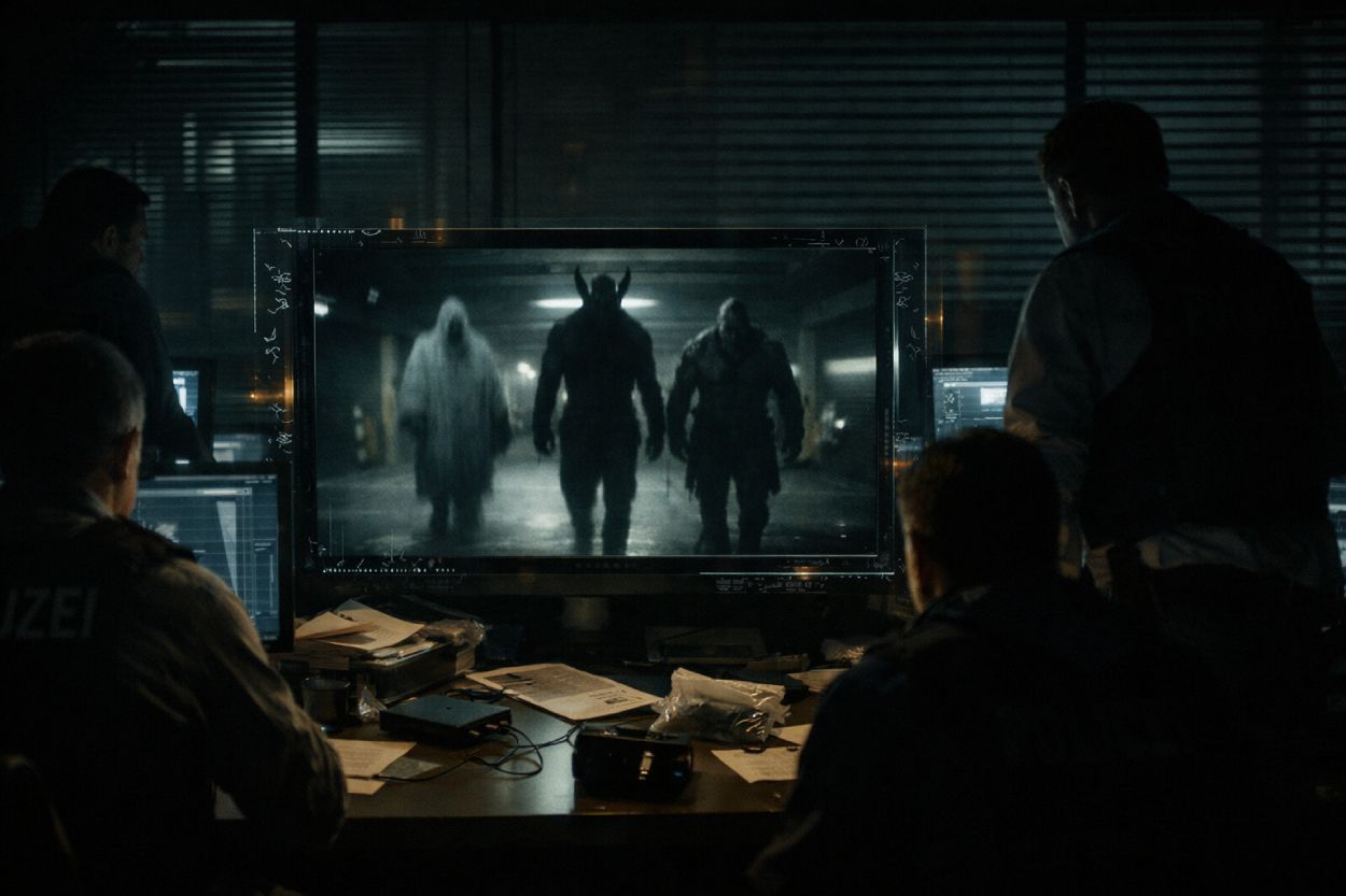 Mehrere Ermittler sitzen in einem abgedunkelten Polizeibüro vor Monitoren, auf dem zentralen Bildschirm ist eine körnige Überwachungsaufnahme aus einem Parkhaus zu sehen, auf der drei nichtmenschliche Gestalten – ein Geist, ein Minotaurus und ein Ork – direkt auf die Kamera zulaufen, am Bildschirmrand flimmern feine runenartige Zeichen.