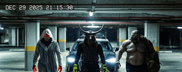 Körniges Überwachungsbild in einem Parkhaus: Drei übernatürlich wirkende Gestalten – ein geisterhafter Typ mit roten Augen, ein Minotaurus in Kampfweste mit Koffern und ein nackter, muskelbepackter Ork mit Sack – laufen auf die Kamera zu, hinter ihnen steht ein schwarzer Wagen mit eingeschalteten Scheinwerfern.