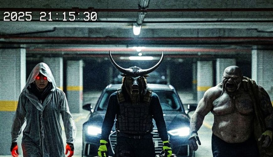 Körniges Überwachungsbild in einem Parkhaus: Drei übernatürlich wirkende Gestalten – ein geisterhafter Typ mit roten Augen, ein Minotaurus in Kampfweste mit Koffern und ein nackter, muskelbepackter Ork mit Sack – laufen auf die Kamera zu, hinter ihnen steht ein schwarzer Wagen mit eingeschalteten Scheinwerfern.