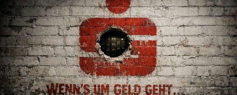 Dreckige Kellerwand mit großem roten Sparkassen-Logo, in dessen Mitte ein rundes Kernbohrer-Loch sitzt, durch das ein Tresorraum mit Schließfächern sichtbar ist.