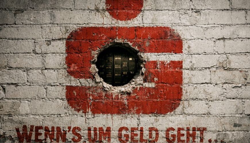 Dreckige Kellerwand mit großem roten Sparkassen-Logo, in dessen Mitte ein rundes Kernbohrer-Loch sitzt, durch das ein Tresorraum mit Schließfächern sichtbar ist.