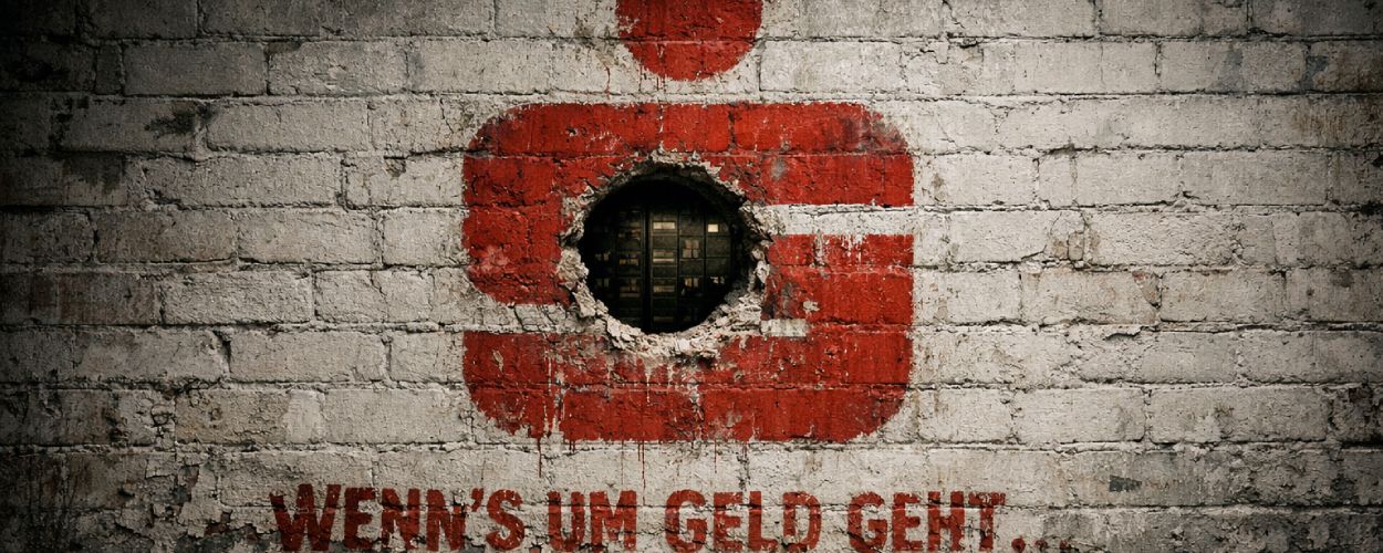 Dreckige Kellerwand mit großem roten Sparkassen-Logo, in dessen Mitte ein rundes Kernbohrer-Loch sitzt, durch das ein Tresorraum mit Schließfächern sichtbar ist.