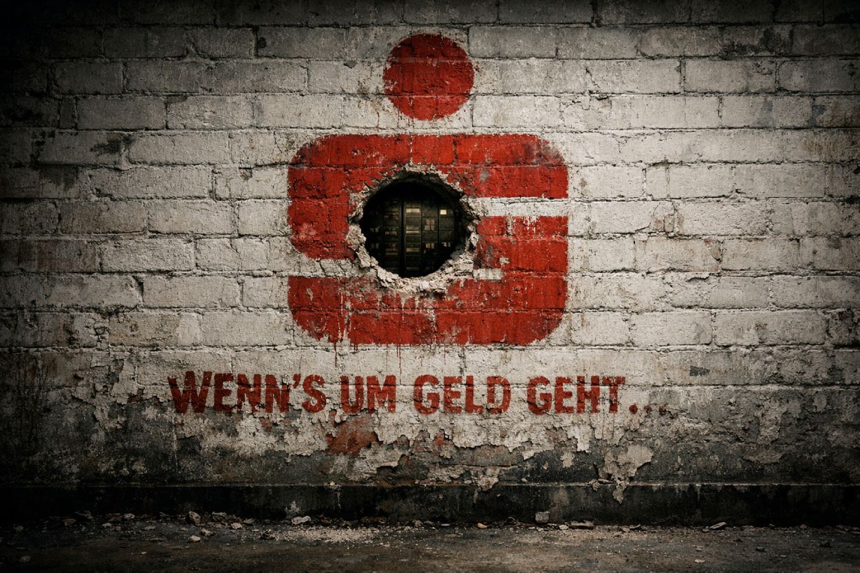 Dreckige Kellerwand mit großem roten Sparkassen-Logo, in dessen Mitte ein rundes Kernbohrer-Loch sitzt, durch das ein Tresorraum mit Schließfächern sichtbar ist.