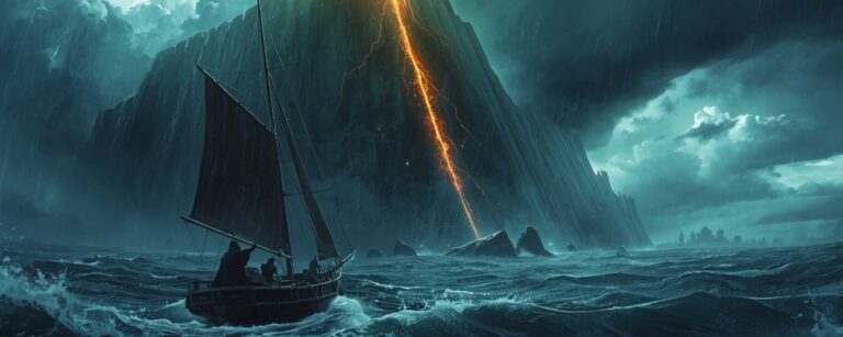 Kleines Segelboot mit drei Gestalten kämpft sich durch sturmgepeitschte Wellen auf eine riesige dunkle Felswand zu, aus deren Mitte ein leuchtender Riss aus Lava und Blitzenergie nach unten in das Meer fährt, im Hintergrund eine ferne Küstenstadt unter dramatischem Wolkenhimmel.
