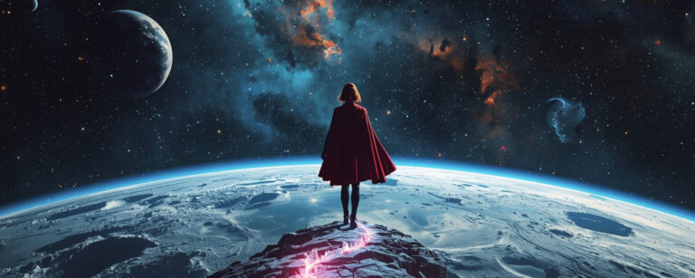 Superheldin mit rotem Umhang steht auf einem Felsen über einer mondähnlichen Eislandschaft, vor ihr ein heller, rosa leuchtender Kristallpfad ins All – Symbol für Supergirl als Space Fantasy zwischen Sci-Fi und Magie