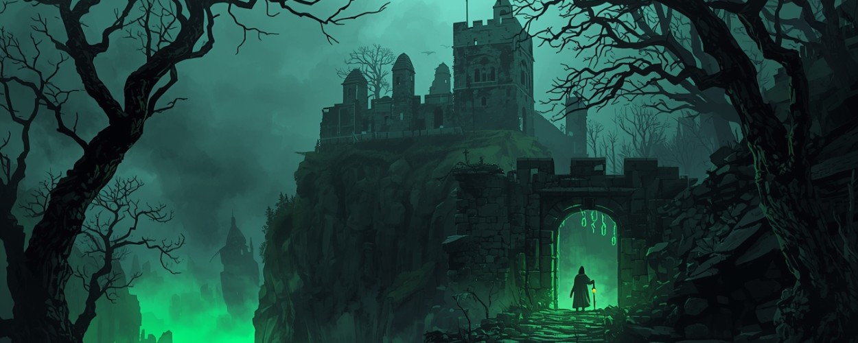 Düstere Burgruine auf einem Felskliff über grün leuchtendem Nebel, im Vordergrund ein einsamer Wanderer mit Stab, der durch ein grün erhelltes Tor auf einem zerbrochenen Steinpfad auf Avalon zugeht.