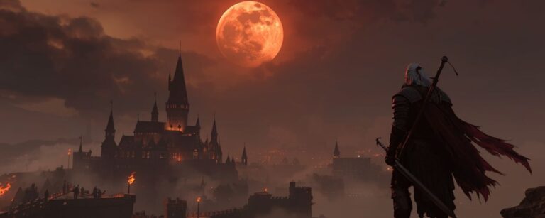 Vampirkrieger mit Schwert steht auf einem Felsen und blickt auf eine nebelverhangene Burgstadt unter blutrotem Mond – Symbolbild zu The Blood of Dawnwalker