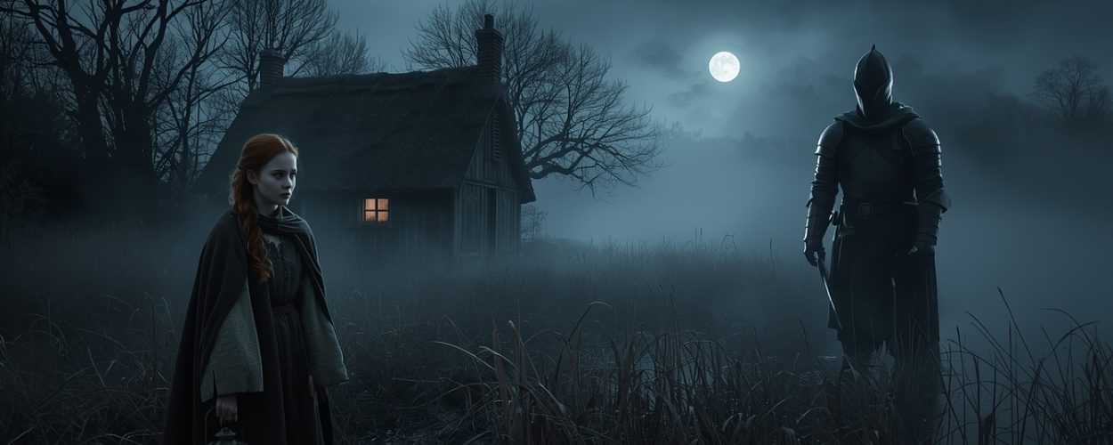 Eine junge Frau mit rotem Zopf und Laterne steht nachts am Rand eines nebligen Moors, hinter ihr ein kleines Bauernhaus mit warm leuchtendem Fenster, im Dunkel gegenüber ragt die Silhouette eines gepanzerten Ritters auf.