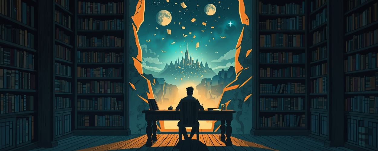 Autor in dunkler Bibliothek vor aufgerissener Wand, durch die eine leuchtende Fantasywelt mit Schloss und zwei Monden sichtbar wird – Symbolbild zu J.J. Abrams’ »The Great Beyond«