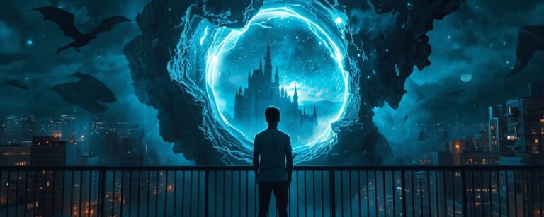 Ein Autor steht nachts auf einem Balkon vor einem leuchtenden Portal, das seine erfundene Fantasywelt zeigt – Inseln, Burg und fremde Sterne brechen in die reale Stadt ein.