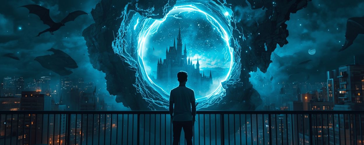 Ein Autor steht nachts auf einem Balkon vor einem leuchtenden Portal, das seine erfundene Fantasywelt zeigt – Inseln, Burg und fremde Sterne brechen in die reale Stadt ein.