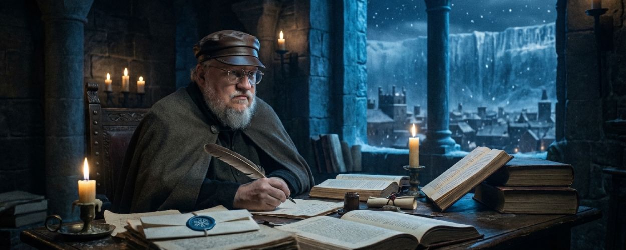 George R.R. Martin mit Feder und Umhang sitzt in einem steinernen Turmzimmer an einem Tisch voller Bücher und Manuskripte, während draußen vor dem Fenster eine verschneite Fantasy-Stadt und eine riesige Eiswand im Dunkel zu sehen sind.