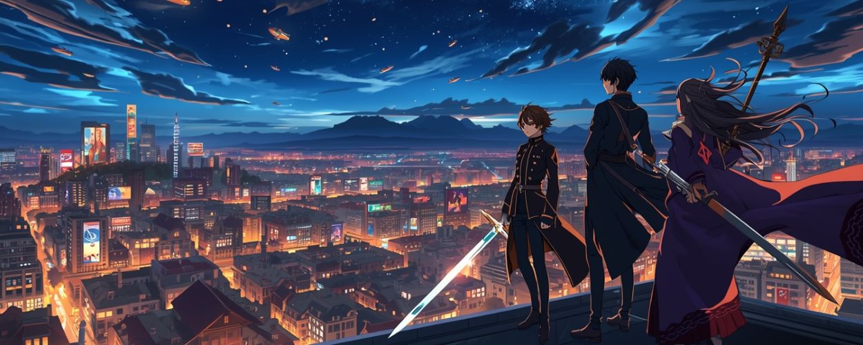 Drei JRPG-Helden mit gezogenen Schwertern stehen nachts auf einem Hausdach über der leuchtenden Stadt, am Himmel fliegen Luftschiffe vor einem sternklaren Horizont.