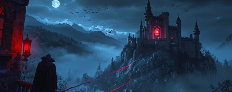 Ein Vampir im langen Umhang steht nachts auf einem Balkon und blickt in ein nebeliges Tal, in dem ein Dorf liegt; auf einem Felsen darüber ragt ein gotisches Schloss mit leuchtendem roten Herzfenster, dünne blutrote Energielinien verbinden Burg und Häuser.