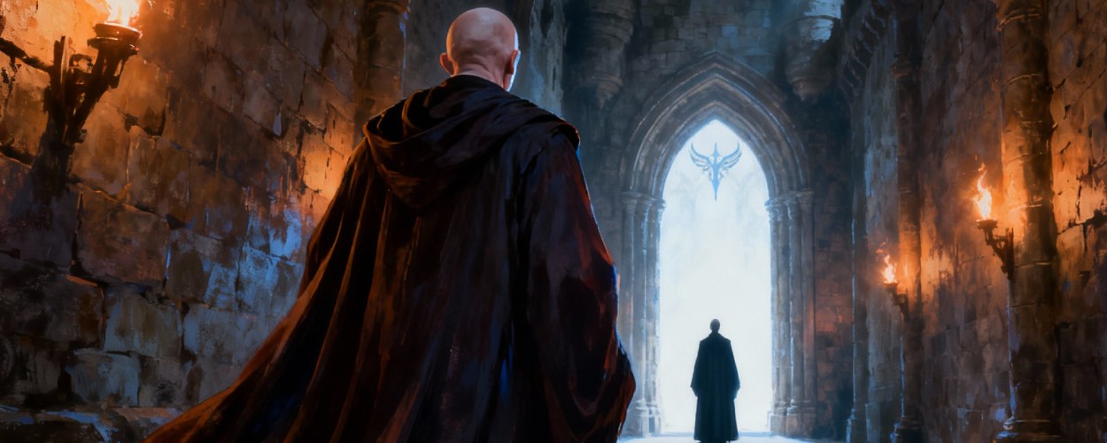 Schattenhafter Zauberer in dunkler Robe in einem Schlosskorridor, Symbolbild für den neuen Voldemort in der HBO Serie.