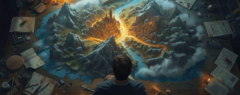 Fantasyautor betrachtet eine leuchtende Miniaturwelt auf einem großen Holztisch: Berge, Flüsse und eine hell erleuchtete Stadt in der Mitte, umgeben von Karten, Notizen und Werkzeugen