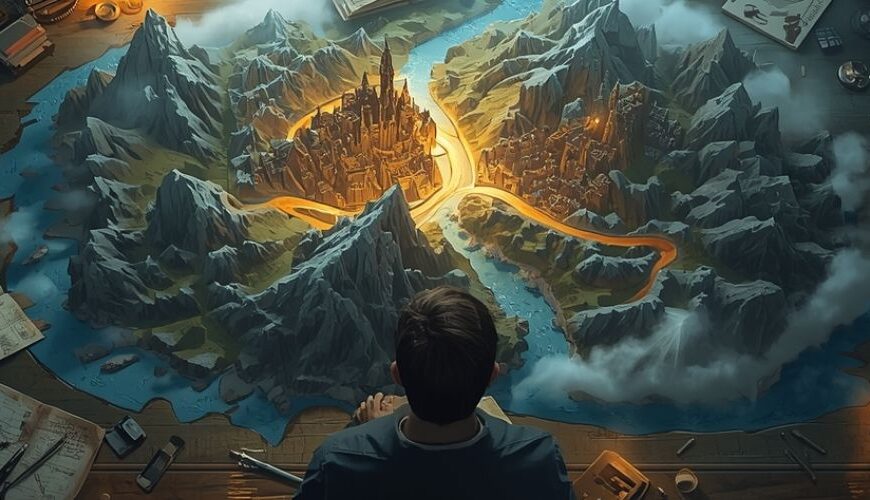 Fantasyautor betrachtet eine leuchtende Miniaturwelt auf einem großen Holztisch: Berge, Flüsse und eine hell erleuchtete Stadt in der Mitte, umgeben von Karten, Notizen und Werkzeugen