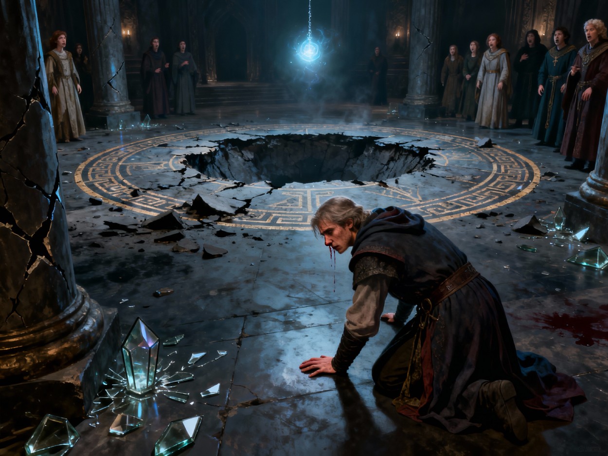 Ein erschöpfter Magier kniet blutend auf dem Boden einer Halle, hinter ihm klafft ein gewaltiger Krater im Ritualkreis, umringt von zersplittertem Glas und schockierten Beobachtern, über dem Loch schwebt ein unheimlich leuchtender Kugelzauber.