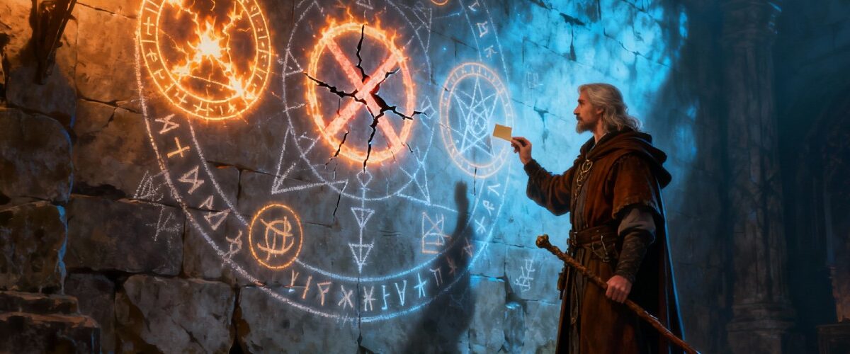 Ein älterer Magier in braunem Mantel steht in einer steinernen Halle vor einem riesigen leuchtenden Runenkreis an der Wand, in dessen Zentrum ein gebrochener, rissiger Feuerring glüht, während er mit erhobener Hand eine Regel im Muster verändert.