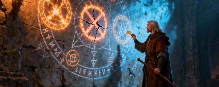 Ein älterer Magier in braunem Mantel steht in einer steinernen Halle vor einem riesigen leuchtenden Runenkreis an der Wand, in dessen Zentrum ein gebrochener, rissiger Feuerring glüht, während er mit erhobener Hand eine Regel im Muster verändert.