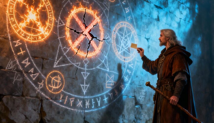 Ein älterer Magier in braunem Mantel steht in einer steinernen Halle vor einem riesigen leuchtenden Runenkreis an der Wand, in dessen Zentrum ein gebrochener, rissiger Feuerring glüht, während er mit erhobener Hand eine Regel im Muster verändert.